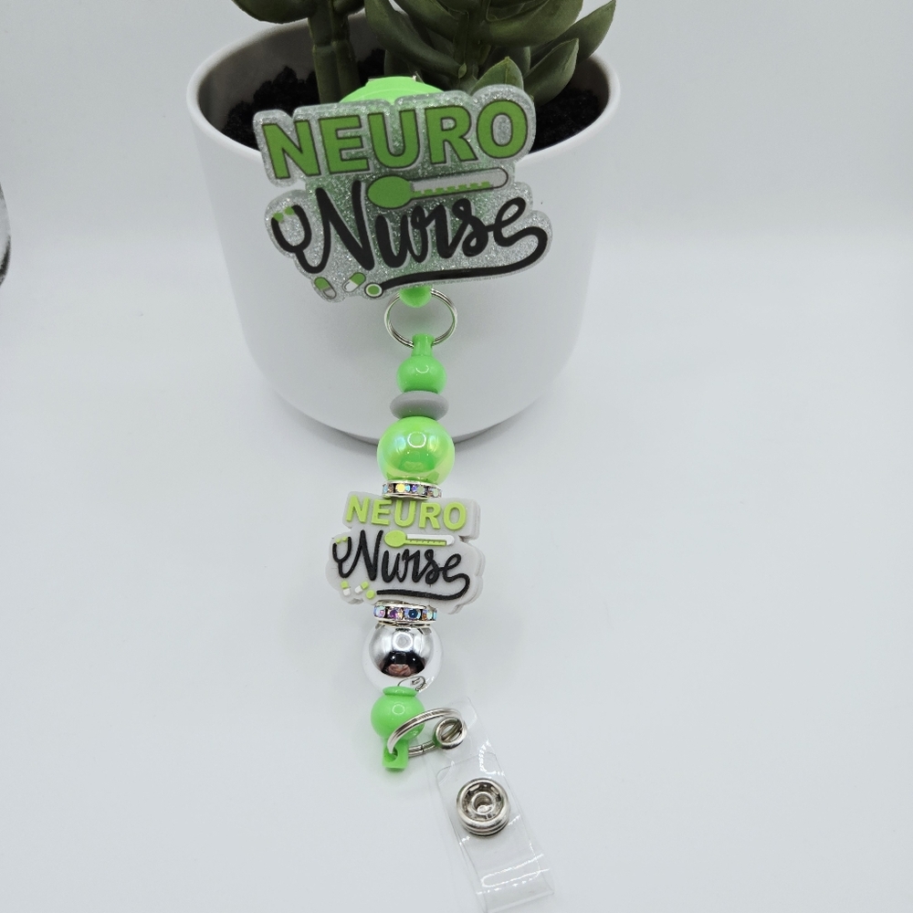 Green and Silver Neuro Nurse Beaded Badge Reel- Belt Clio